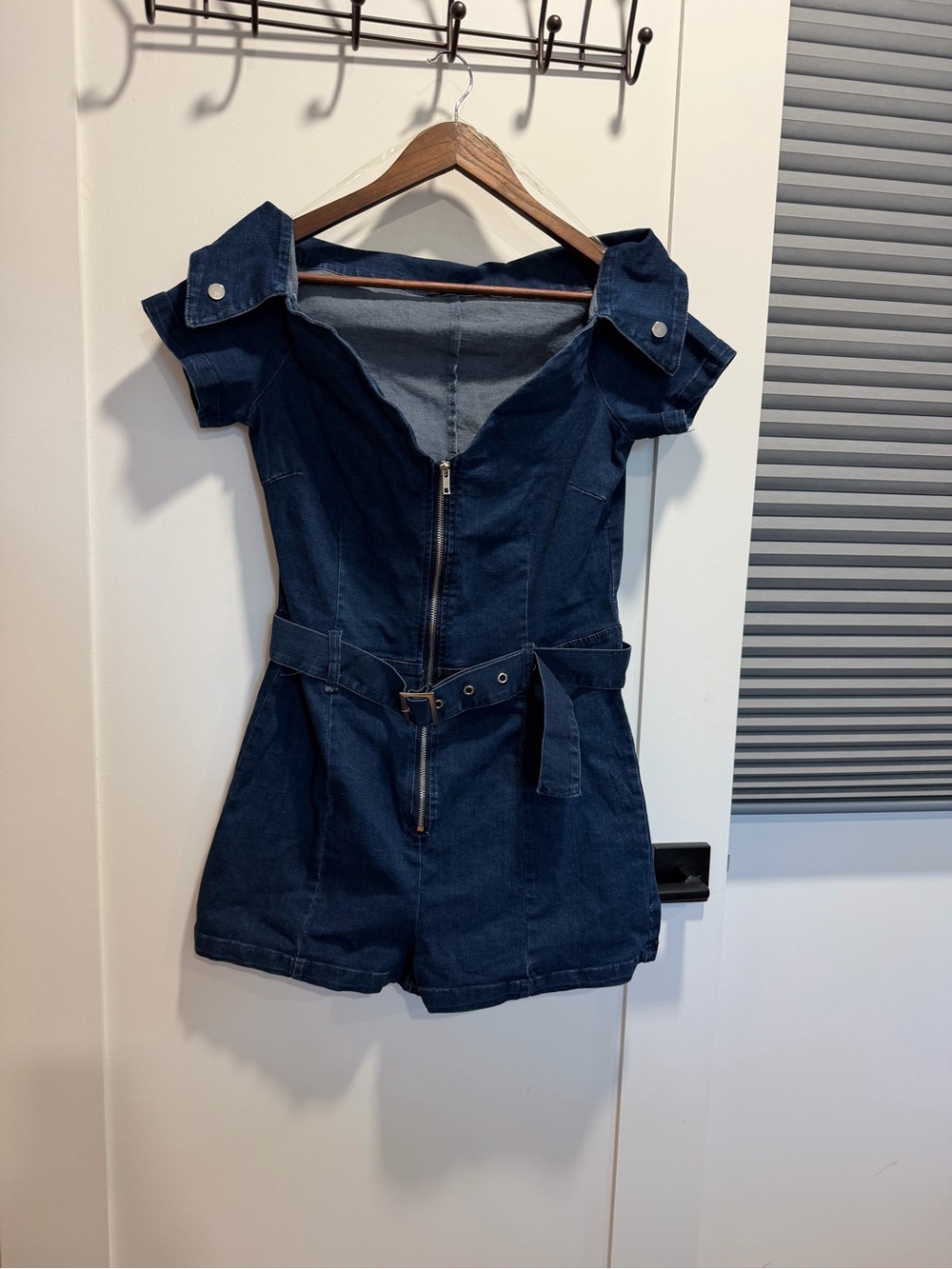 Active USA Dark Blue Off-Shoulder Denim Romper with Belt